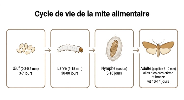 Infographie du cycle de vie de la mite alimentaire en 4 étapes : œuf, larve, nymphe, adulte, avec les durées et tailles de chaque stade