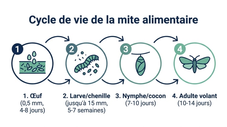 Infographie illustrant les quatre phases du cycle de vie des mites alimentaires (œuf, larve, nymphe, adulte) avec la durée de chaque stade et les caractéristiques visuelles correspondantes.