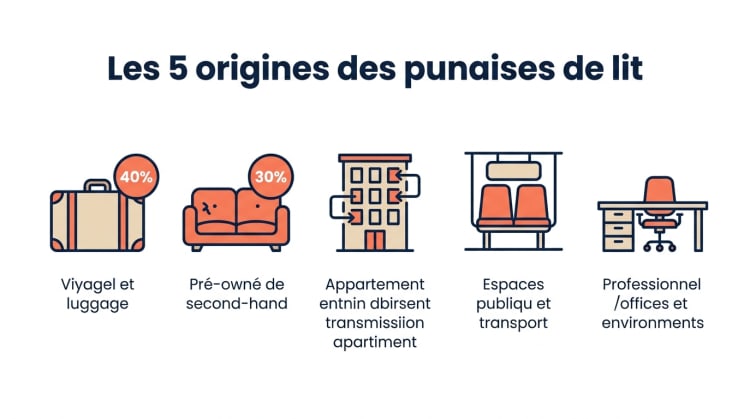Infographie présentant les 5 origines principales des punaises de lit en France : voyages 40%, achats d'occasion 30%, voisinage en immeuble, transports en commun et milieu professionnel