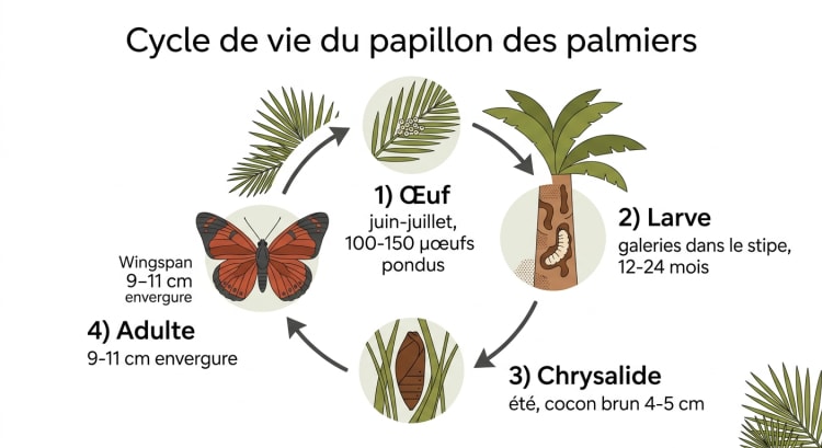 Infographie du cycle de vie du papillon des palmiers Paysandisia archon en 4 étapes : œuf, larve, chrysalide, adulte, avec durées et signes distinctifs