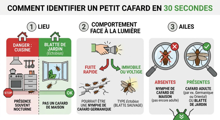 Infographie d'identification d'un petit cafard en 3 étapes : lieu de découverte, réaction à la lumière et présence d'ailes