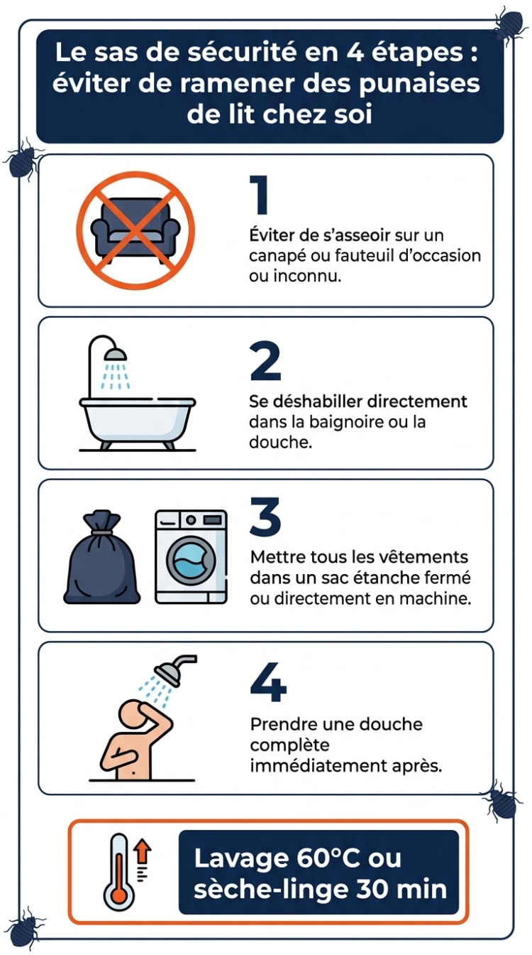 Infographie du protocole sas de sécurité en 4 étapes pour éviter de ramener des punaises de lit chez soi : pas de canapé au retour, déshabillage dans la baignoire, vêtements isolés en sac fermé, douche, puis lavage 60°C ou sèche-linge 30 minutes
