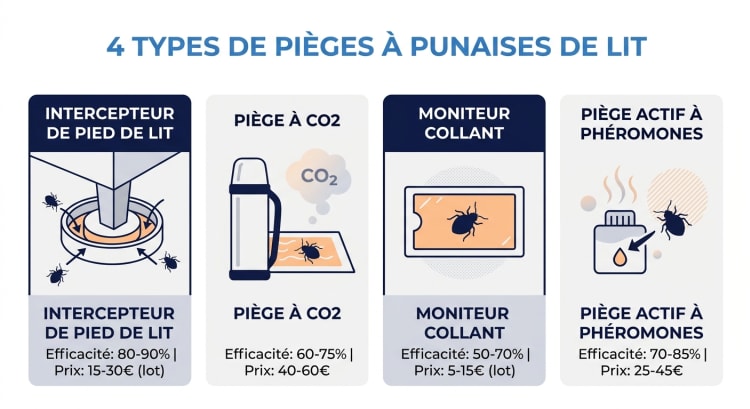 Infographie comparant les 4 types de pièges à punaises de lit : intercepteur de pied, piège à CO2, moniteur collant et piège à phéromones, avec leur efficacité et leur prix