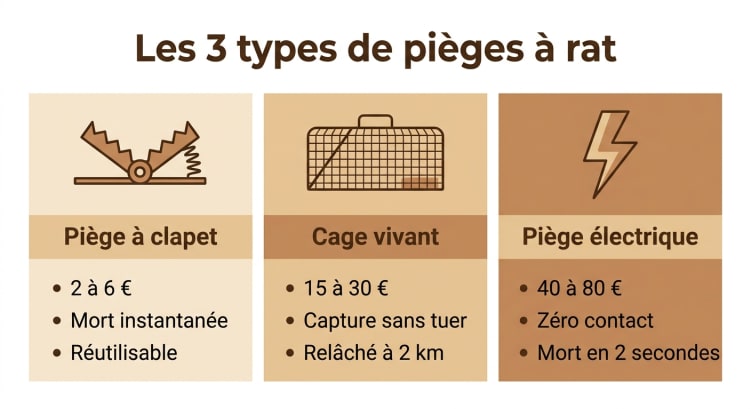 Comparatif des 3 types de pièges à rat : piège à clapet (2-6 €), cage vivant (15-30 €) et piège électrique (40-80 €) avec leurs avantages respectifs
