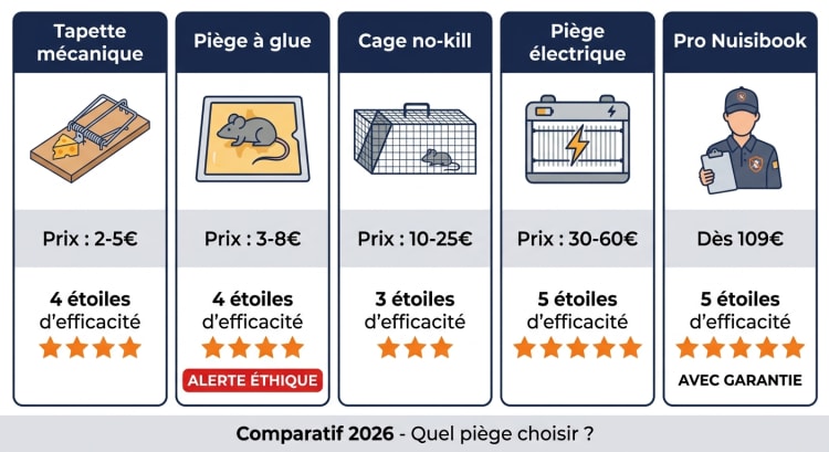 Infographie comparative des 5 types de pièges à souris en 2026 : tapette mécanique, glue, cage no-kill, électrique et intervention professionnelle Nuisibook avec prix et efficacité