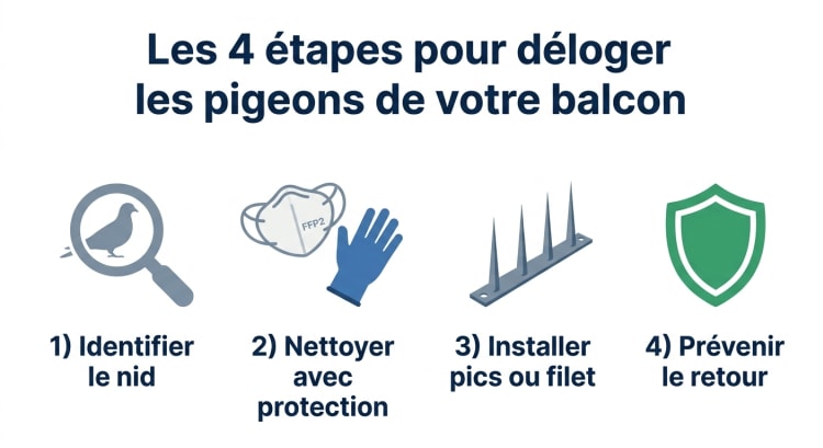 Infographie pédagogique en 4 étapes pour éloigner les pigeons d'un balcon : identifier le nid, nettoyer avec équipement de protection, installer pics ou filet anti-pigeon, mettre en place la prévention pour éviter le retour.