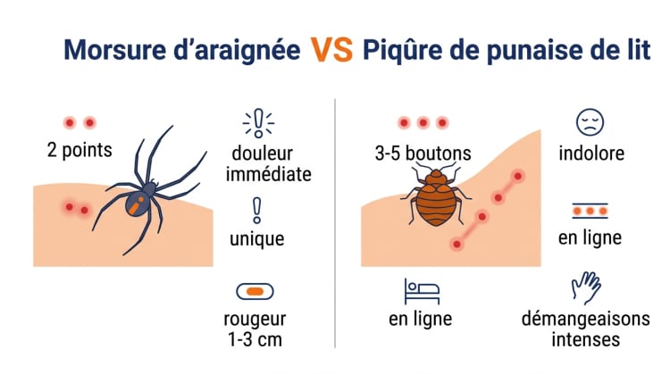 Infographie comparative entre une morsure d'araignée (deux points rapprochés, douleur immédiate) et une piqûre de punaise de lit (boutons alignés, indolore et démangeaisons intenses).