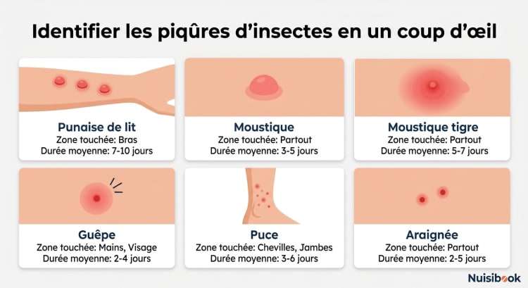 Infographie comparative présentant les 6 types de piqûres d'insectes les plus fréquents (punaise de lit, moustique, moustique tigre, guêpe, puce, araignée) avec leurs caractéristiques visuelles, zones du corps touchées et durée des symptômes.