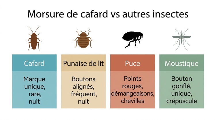 Infographie comparative des morsures de cafard, punaise de lit, puce et moustique : aspect, fréquence et localisation