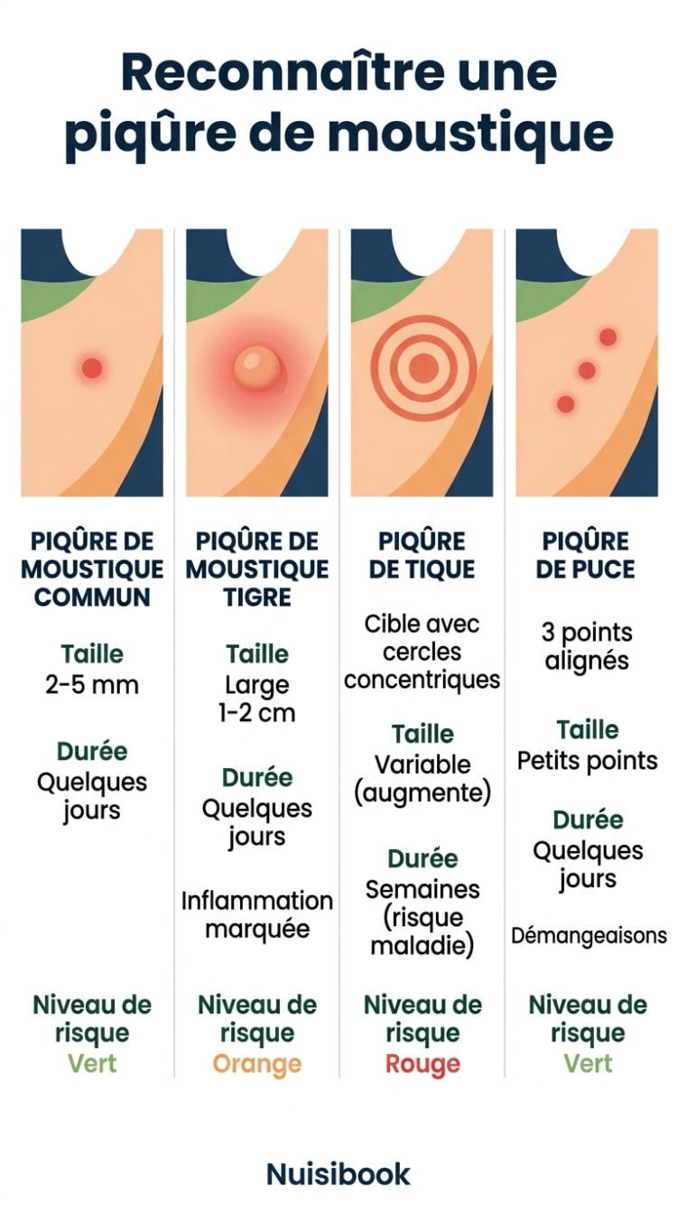 Infographie comparative des piqûres d'insectes : moustique commun, moustique tigre, tique et puce, avec taille, durée et niveau de risque.