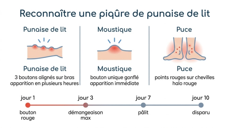 Infographie comparative : différencier les piqûres de punaises de lit, moustique et puce avec leur timeline de disparition sur 10 jours