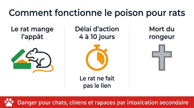 Infographie en 3 étapes sur le fonctionnement du poison pour rats : ingestion de l'appât, délai d'action de 4 à 10 jours, mort du rongeur — avec alerte sur le risque d'intoxication secondaire pour les animaux domestiques