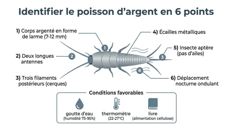 Infographie d'identification du poisson d'argent : anatomie en 6 points avec taille, antennes, cerques, écailles et conditions favorables (humidité, température, alimentation).