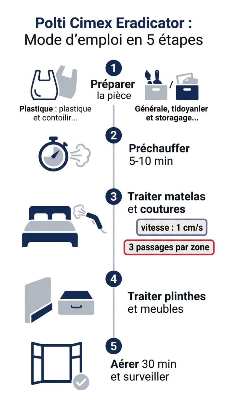 Infographie en 5 étapes du mode d'emploi du Polti Cimex Eradicator pour éliminer les punaises de lit par vapeur sèche à 180 °C