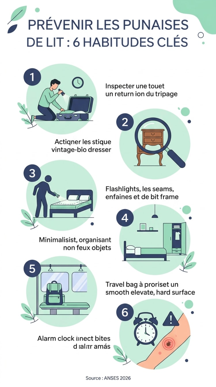 Infographie présentant les 6 habitudes essentielles pour prévenir les punaises de lit : inspection des valises au retour de voyage, vigilance sur les meubles d'occasion, contrôle régulier de la literie, chambre minimaliste, vigilance dans les transports et réaction immédiate aux premiers signes