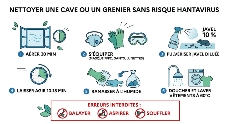 Infographie pas à pas pour nettoyer une cave ou un grenier sans risque de hantavirus : aération, équipement de protection, désinfection à la Javel, ramassage à l'humide et hygiène post-intervention, avec rappel des erreurs à éviter.