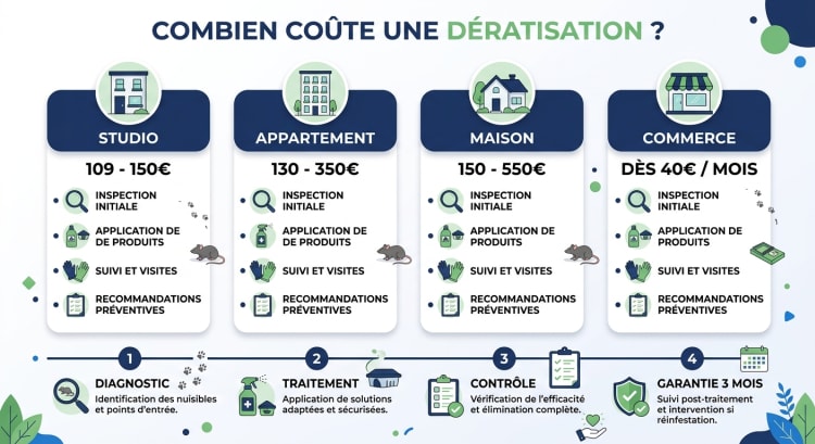 Infographie comparant les prix de dératisation par type de bien : studio dès 109€, appartement 130 à 350€, maison 150 à 550€ et commerce dès 40€ par mois, avec les 4 étapes du protocole incluses