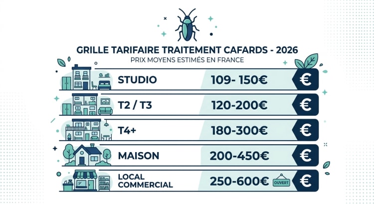 Infographie présentant la grille tarifaire 2026 d'un traitement professionnel anti-cafards en France selon le type de logement, du studio à 109€ au local commercial à 600€