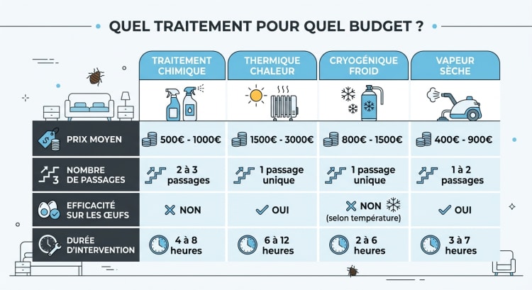 Comparatif des méthodes de traitement punaise de lit et leurs prix : chimique, thermique, cryogénique et vapeur sèche