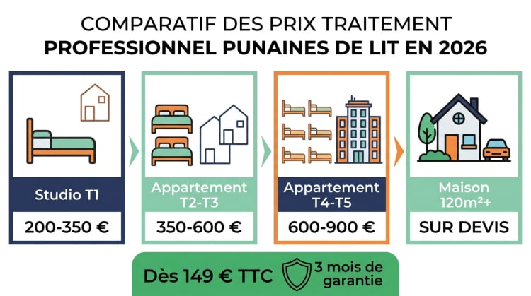 Infographie comparative des prix d'un traitement professionnel contre les punaises de lit en 2026 par type de logement, de 149 € pour une pièce à 900 € pour un T5, avec garantie 3 mois