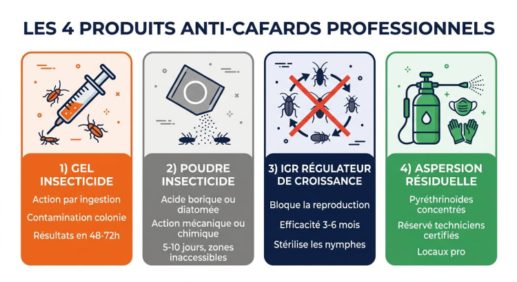 Comparatif des 4 familles de produits anti-cafards professionnels : gel insecticide, poudre insecticide, IGR et aspersion résiduelle