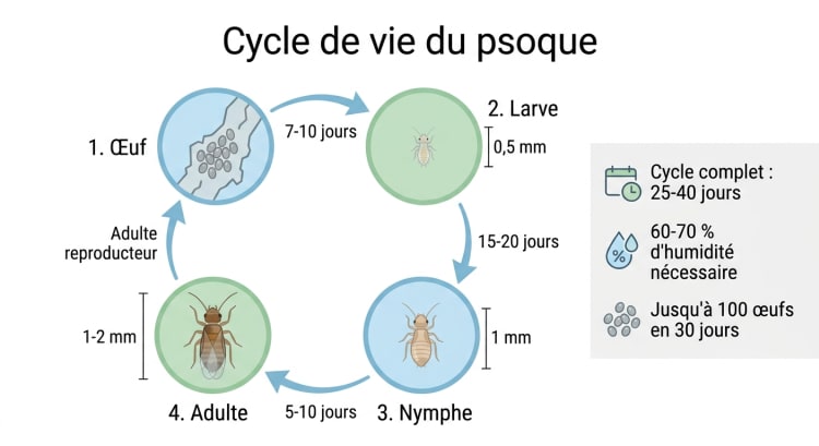 Cycle de vie du psoque en 4 étapes (œuf, larve, nymphe, adulte) avec chiffres clés : 40 jours de cycle et conditions de développement à plus de 60 % d'hygrométrie