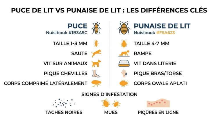 Infographie comparative montrant les différences entre puce et punaise de lit : taille, comportement, localisation des piqûres et signes d'infestation à surveiller