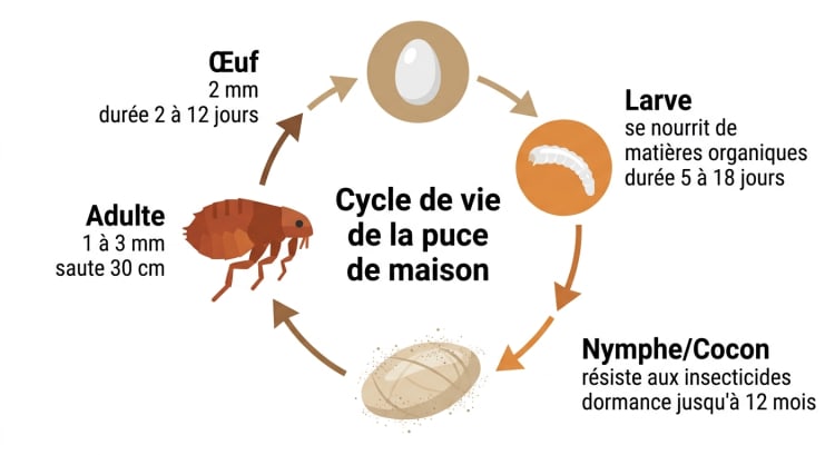 Cycle de vie de la puce de maison en 4 stades : œuf (2-12 jours), larve (5-18 jours), nymphe dans son cocon (jusqu'à 12 mois en dormance) et adulte (1-3 mm)