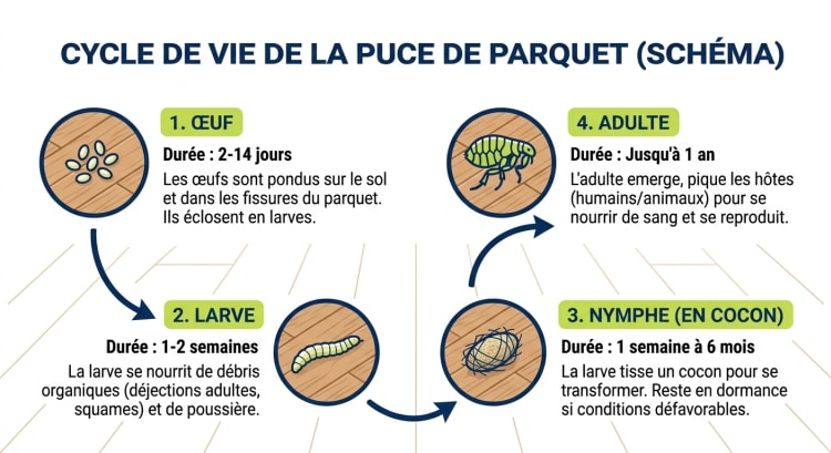 Infographie illustrant le cycle de vie de la puce de parquet en quatre étapes : œuf, larve, nymphe en cocon et adulte, avec la durée de chaque stade