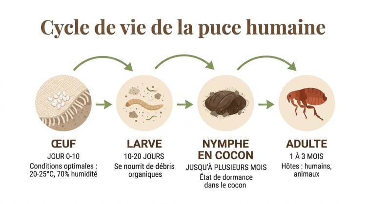 Infographie illustrant le cycle de vie complet de la puce humaine en 4 étapes : œuf, larve, nymphe et adulte, avec durées et conditions de développement.