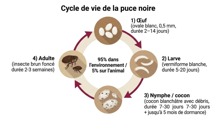 Cycle de vie de la puce noire : 4 stades (œuf, larve, nymphe, adulte) avec durées et répartition 95/5 entre environnement et animal