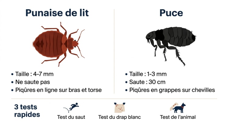 Infographie comparative entre la punaise de lit et la puce : taille, mode de déplacement, localisation des piqûres et 3 tests rapides pour identifier l'insecte