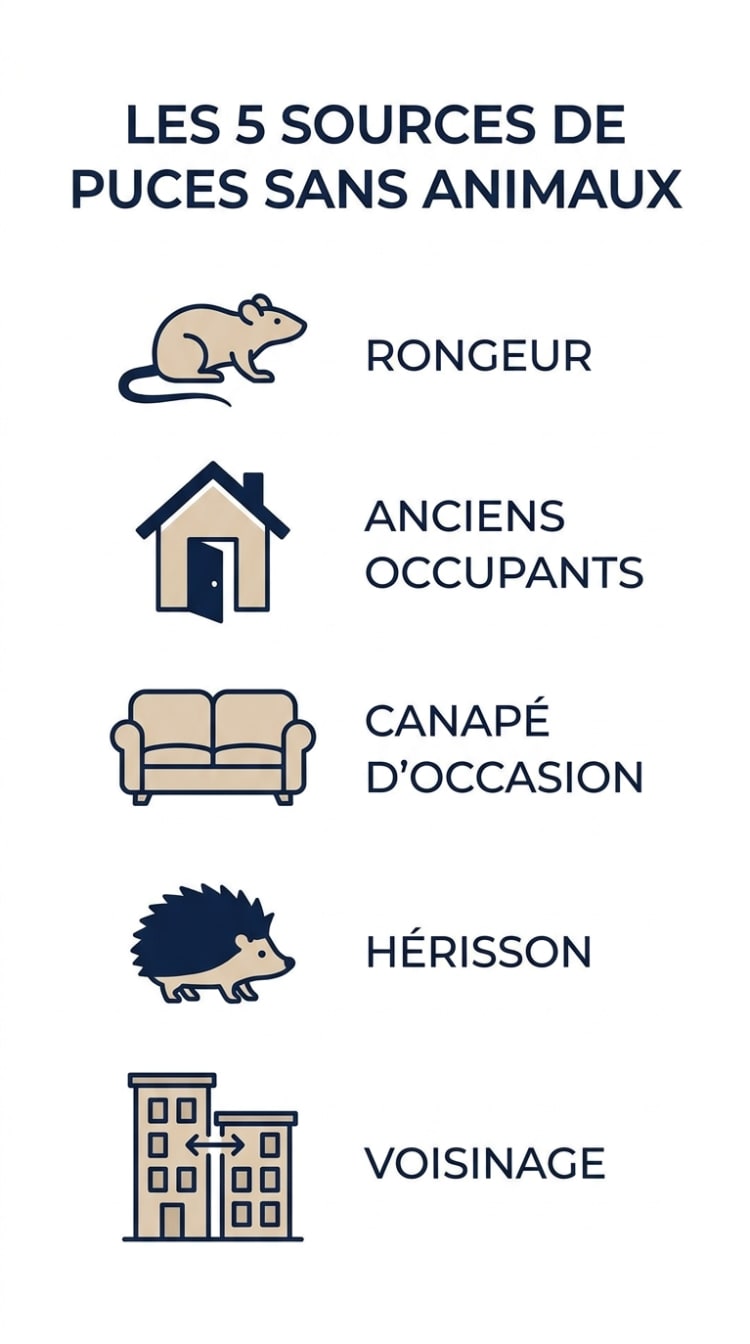 Infographie listant les 5 sources les plus fréquentes d'infestation de puces dans un logement sans animaux domestiques : rongeurs, anciens occupants, meubles d'occasion, animaux sauvages et logement voisin