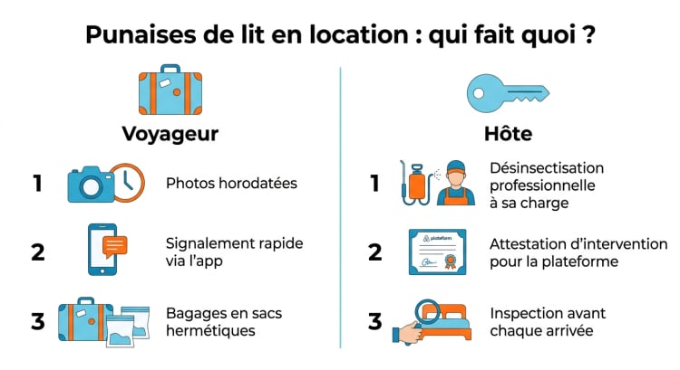 Infographie en deux colonnes comparant les étapes du voyageur (photos horodatées, signalement via app, bagages hermétiques) et celles de l'hôte (désinsectisation professionnelle, attestation pour Airbnb, inspection préventive) face aux punaises de lit en location courte durée