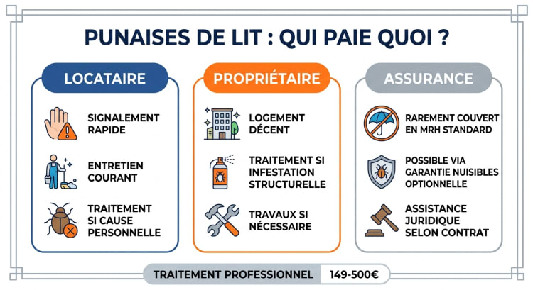 Infographie comparative montrant la répartition des responsabilités entre locataire, propriétaire et assurance habitation pour le traitement des punaises de lit, avec les coûts indicatifs