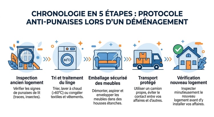Infographie des 5 étapes du protocole anti-punaises de lit lors d'un déménagement : inspection, traitement du linge, emballage, transport et vérification du nouveau logement