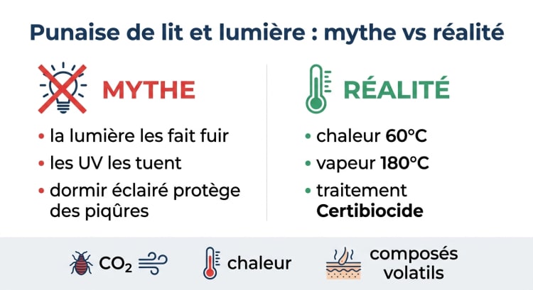 Infographie comparant les mythes (lumière, UV) et les réalités (chaleur, vapeur, traitement pro) sur ce qui repousse vraiment les punaises de lit, avec les 3 vrais signaux d'attraction : CO2, chaleur corporelle et composés de la peau