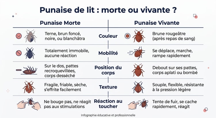 Infographie comparative montrant les différences visuelles et comportementales entre une punaise de lit morte et une punaise de lit vivante : couleur, mobilité, texture du corps et position des pattes
