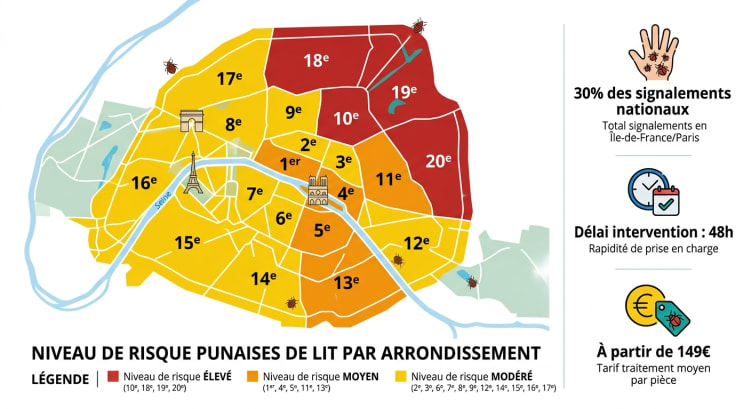 Carte des arrondissements de Paris classés par niveau de risque d'infestation punaises de lit