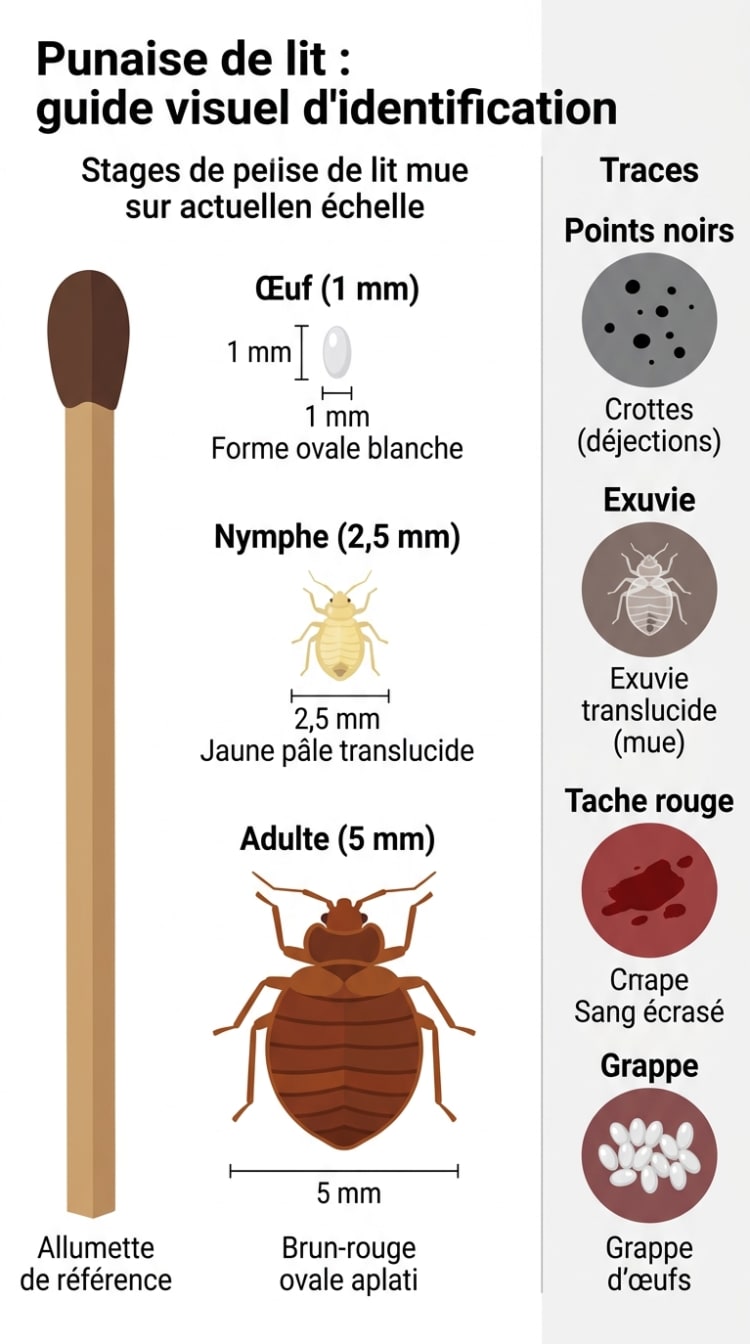 Infographie illustrant l'identification visuelle des punaises de lit : œuf (1 mm), nymphe (2,5 mm) et adulte (5 mm) présentés à l'échelle, accompagnés des quatre principales traces d'infestation (crottes, exuvies, taches de sang, grappes d'œufs).