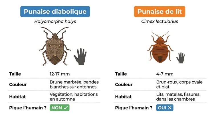 Infographie comparative entre la punaise diabolique et la punaise de lit : taille, couleur, habitat et capacité à piquer l'humain