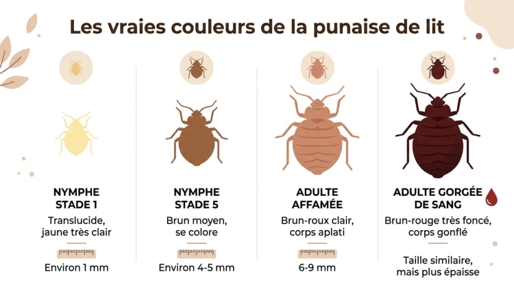 Infographie comparative montrant les quatre teintes réelles de la punaise de lit selon son stade et son repas, du jaune translucide au brun-rouge foncé