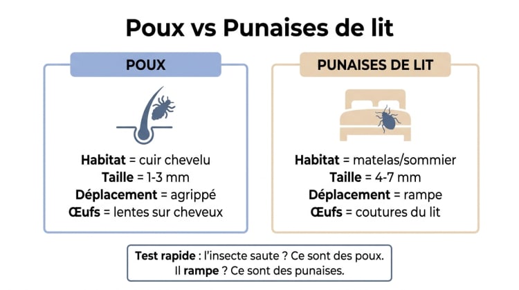 Infographie comparative entre les poux et les punaises de lit avec leurs habitats, tailles, modes de déplacement et localisation des œufs pour ne plus confondre les deux parasites