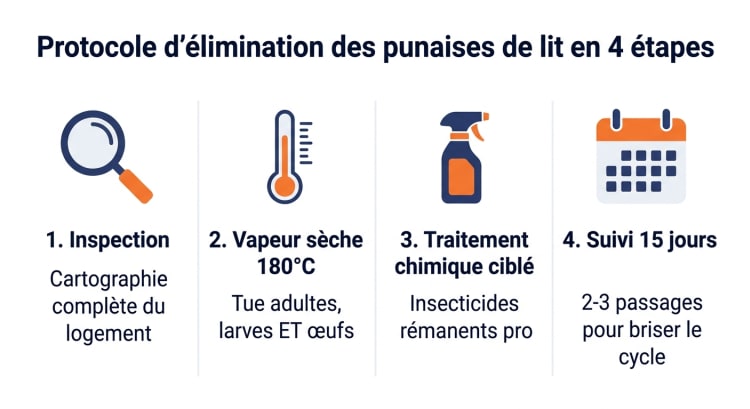 Infographie du protocole professionnel d'élimination des punaises de lit en 4 étapes : inspection, vapeur sèche à 180°C, traitement chimique ciblé et suivi multi-passages espacés de 15 jours