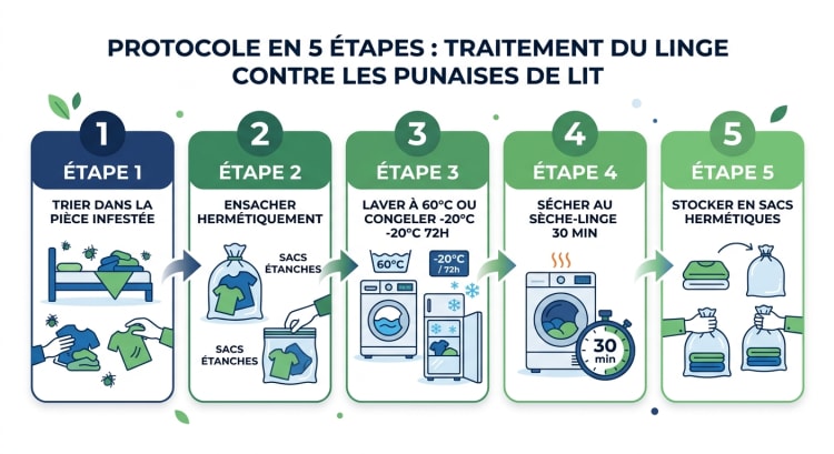 Infographie du protocole complet en 5 étapes pour traiter le linge contre les punaises de lit : tri, ensachage, lavage 60°C ou congélation -20°C, séchage et stockage hermétique