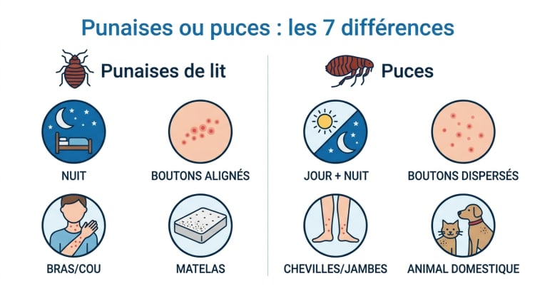 Infographie comparative montrant les 7 différences entre les piqûres de punaises de lit et les piqûres de puces : moment, aspect, localisation, démangeaisons, taille, traces et lien avec les animaux