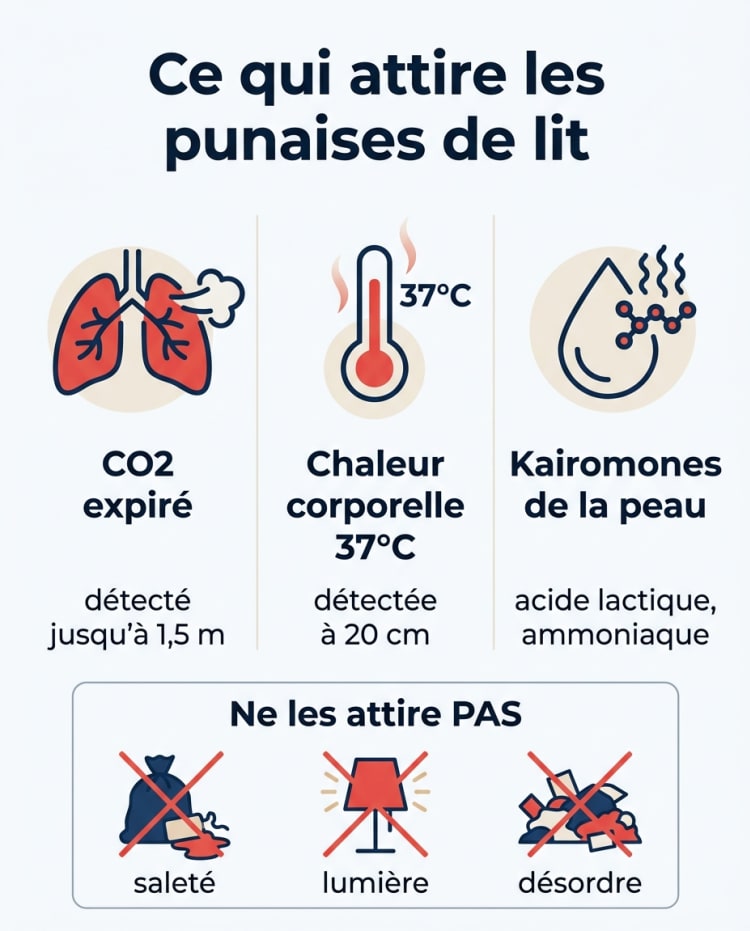 Infographie expliquant les trois signaux qui attirent les punaises de lit : le CO2 expiré détecté à 1,5 mètre, la chaleur corporelle de 37 degrés détectée à 20 centimètres et les kairomones de la peau. Bas de l'infographie listant ce qui ne les attire pas : la saleté, la lumière et le désordre.