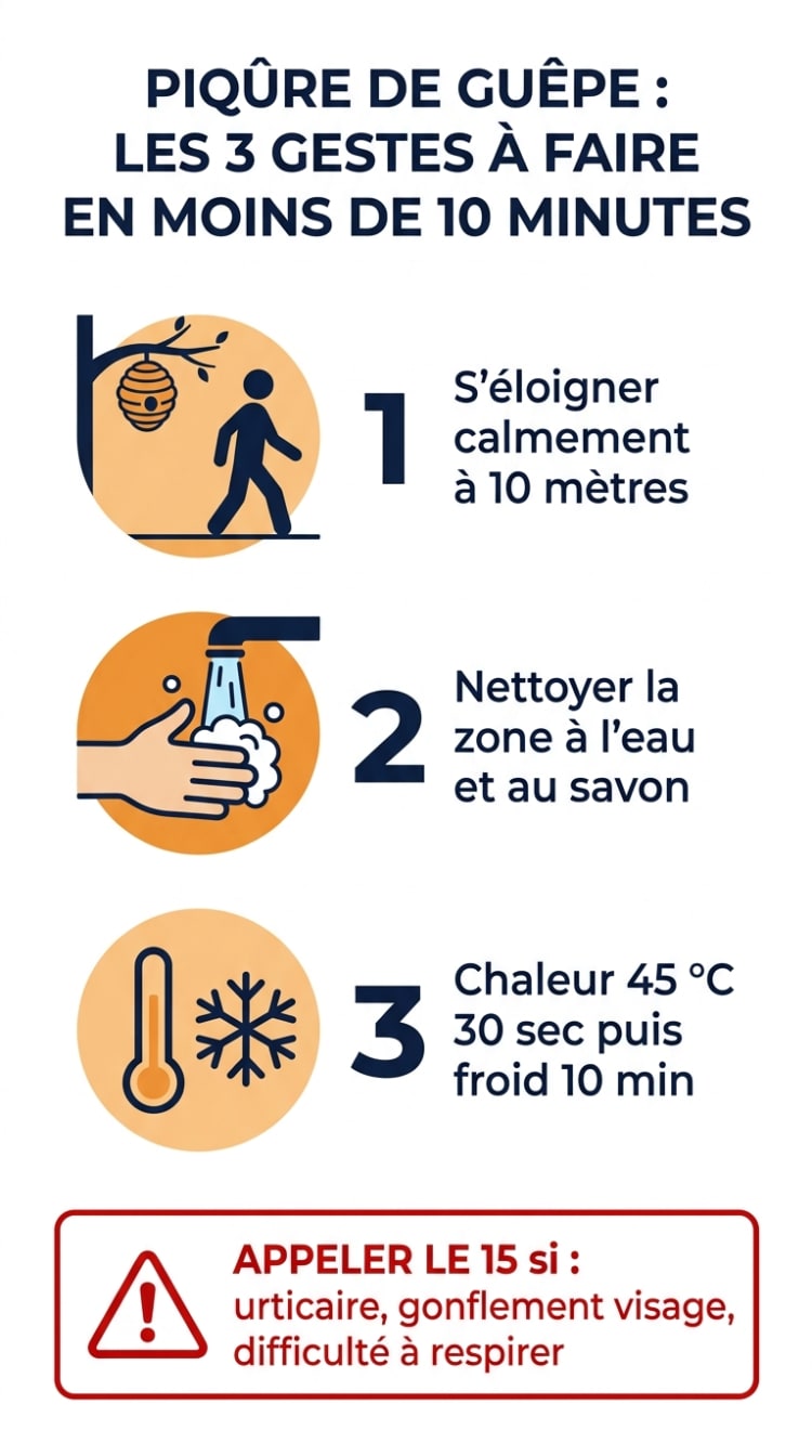 Infographie présentant les 3 gestes à effectuer en moins de 10 minutes après une piqûre de guêpe : s'éloigner du nid à 10 mètres, nettoyer la zone à l'eau et au savon, appliquer la méthode chaleur 45 °C pendant 30 secondes puis froid pendant 10 minutes, avec rappel des signes d'urgence justifiant un appel au 15