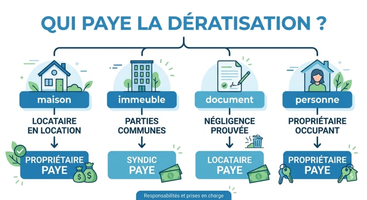 Infographie qui paye la dératisation : arbre de décision selon la situation locative — propriétaire, locataire, syndic ou copropriété