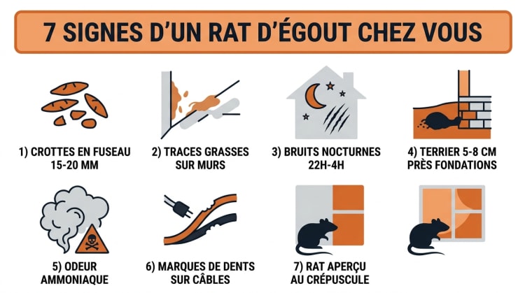 Infographie listant les 7 signes qui trahissent la présence d'un rat d'égout à la maison : crottes en fuseau, traces grasses, bruits nocturnes, terrier, odeur d'ammoniaque, marques de dents et rat aperçu au crépuscule